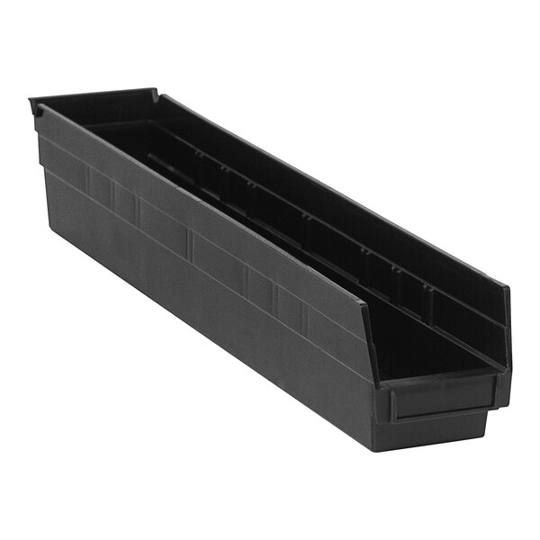 A black plastic Quantum conductive shelf bin with two compartments.