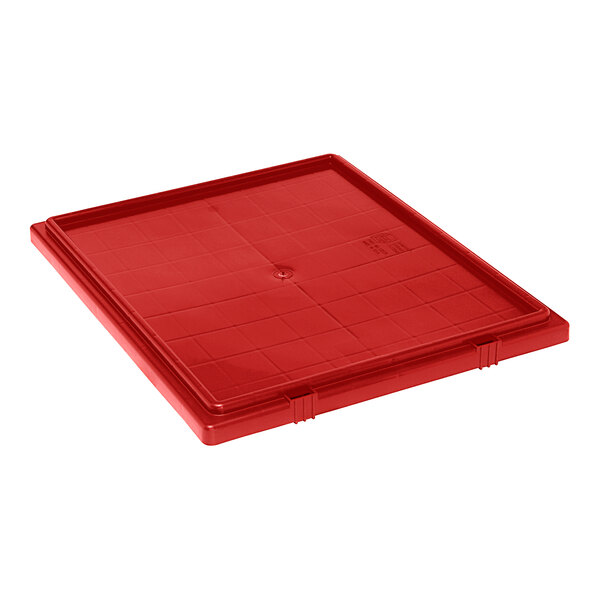 A red Quantum lid for stack and nest totes.