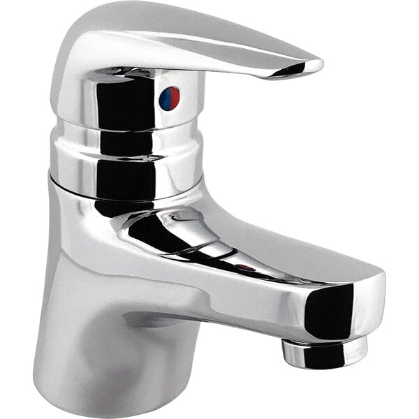 A chrome Chicago Faucets single-hole faucet with a single handle and red and blue buttons.