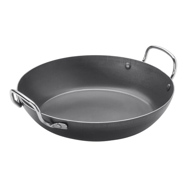 An American Metalcraft black carbon steel paella pan with handles.