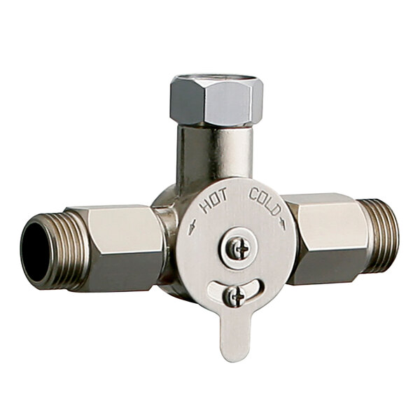A close-up of a Chicago Faucets concealed stainless steel mixing valve with a handle.