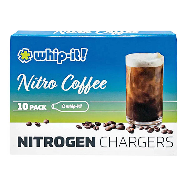 A box of Whip-It Nitrogen Chargers with a glass of nitro coffee.