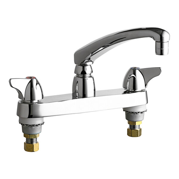 A chrome Chicago Faucets deck-mounted faucet with two handles and an L-type swing spout.