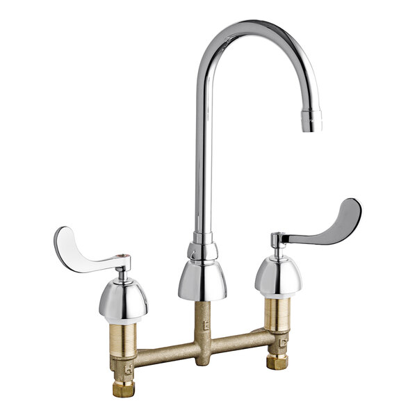 A Chicago Faucets deck-mounted faucet with two handles and a chrome finish.