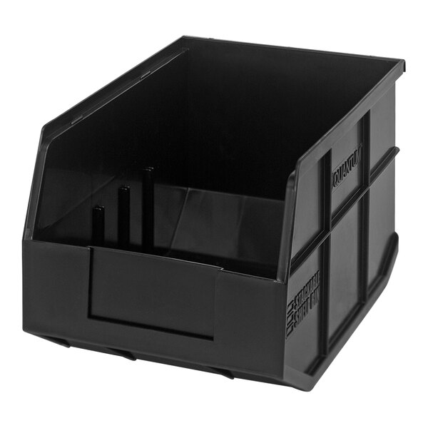 A black Quantum stackable shelf bin with two compartments.