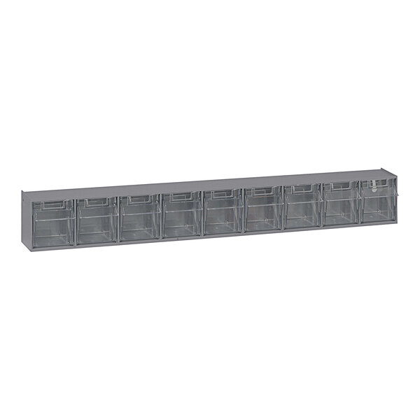 A long rectangular grey plastic container with clear drawers.