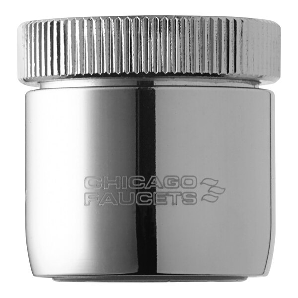 A Chicago Faucet chrome pressure compensating laminar flow outlet with a silver cap.