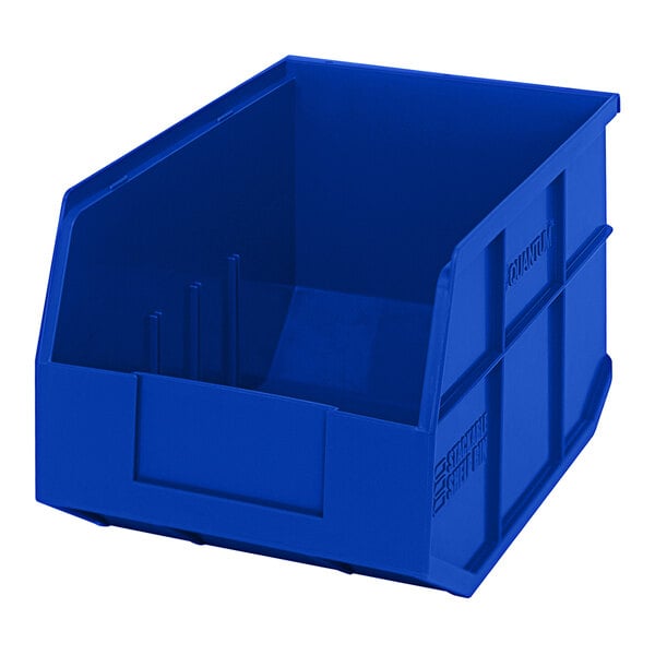 A blue plastic Quantum stackable shelf bin.