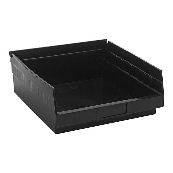 A black plastic Quantum conductive shelf bin.