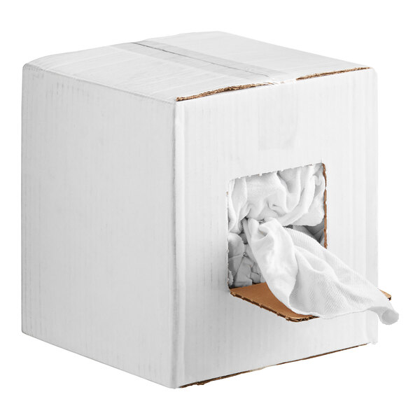 A white box with Monarch Brands white terry woven rags inside.