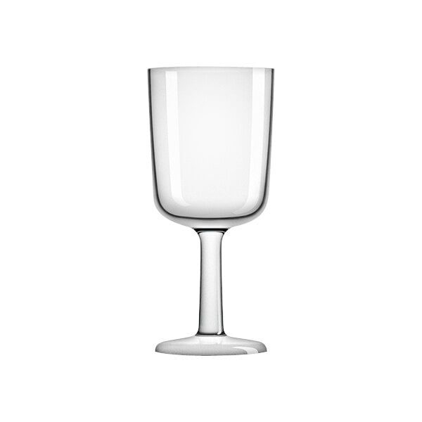 A Palm Marc Newson clear Tritan plastic wine glass with a stem.