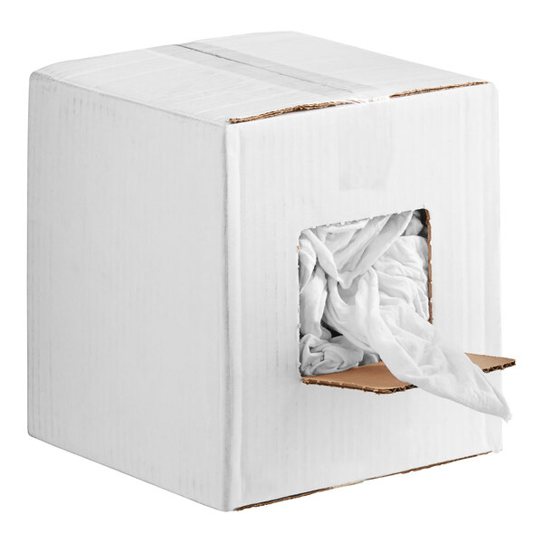 A white box with a white bag of Monarch Brands white t-shirt rags inside.