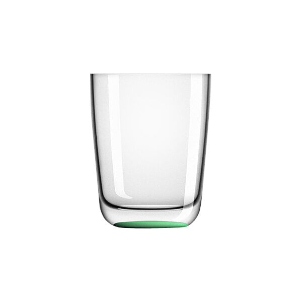 A clear Palm Marc Newson Tritan plastic highball glass with a green rim.