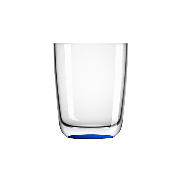 A clear Palm Marc Newson highball glass with a blue rim on a white background.