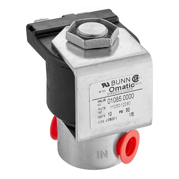 A Bunn solenoid valve with red and black buttons.