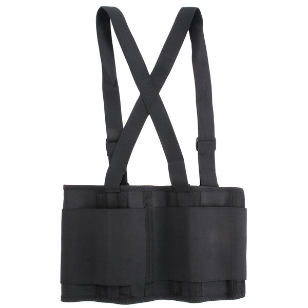 A black Cordova back support belt with suspenders and straps.