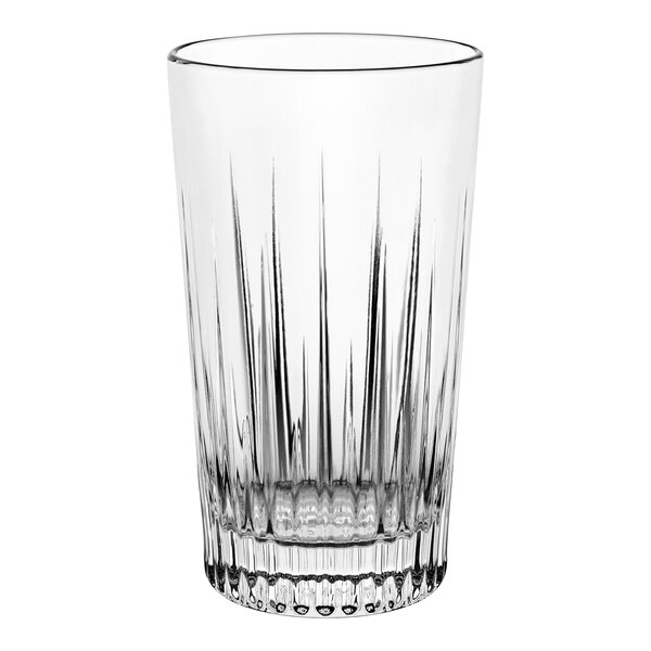 A close-up of a Vidivi long drink glass with a thin line on it.