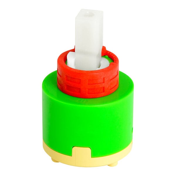 A green and red plastic Zurn ceramic cartridge with a red top and white tube.