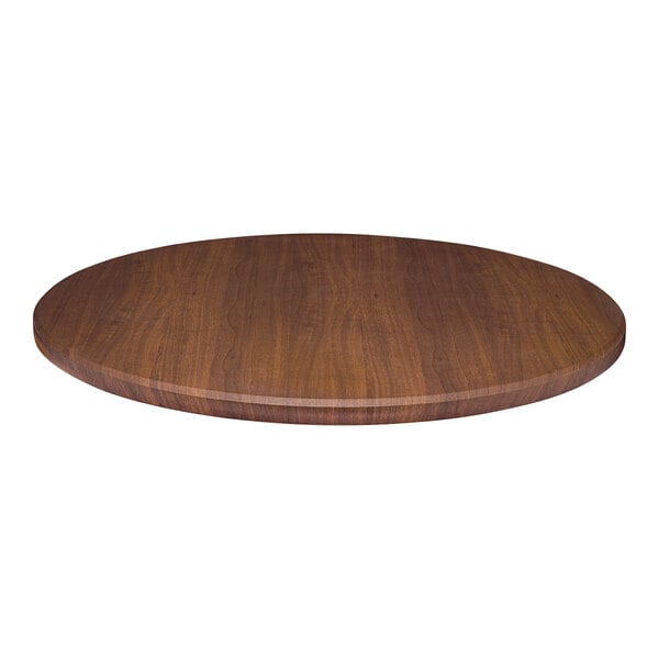 A close-up of a Perfect Tables dark walnut woodgrain round table top.