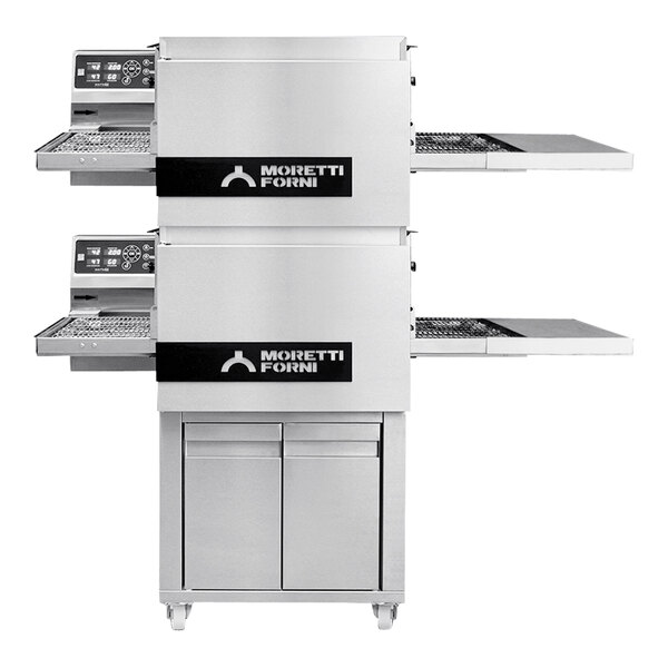 A large white Moretti Forni conveyor oven with two stacked shelves.