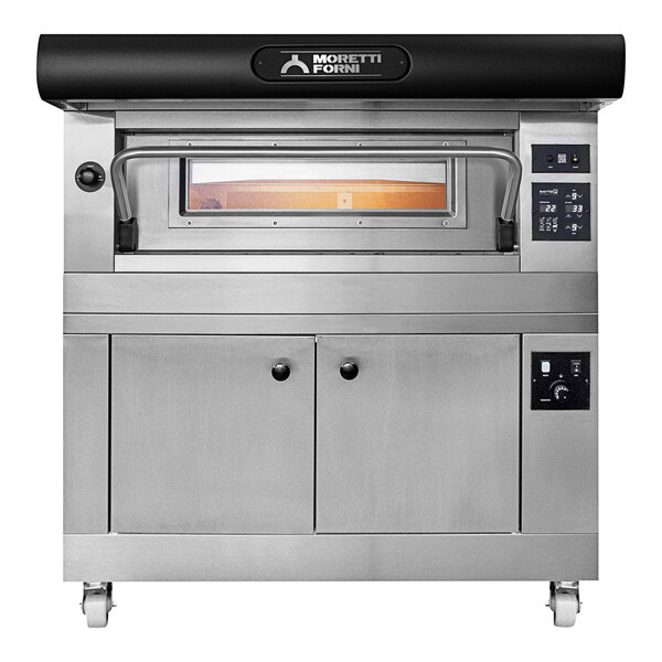 A Moretti Forni stainless steel pizza oven with a black top open.