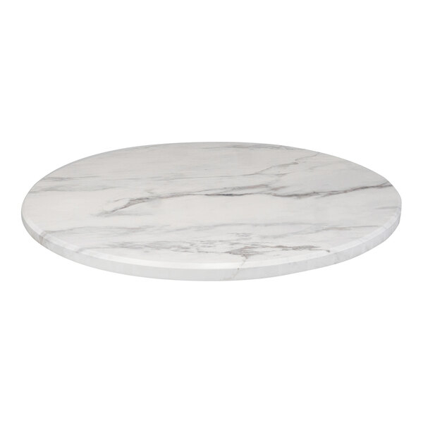 A white marble table top on a table.