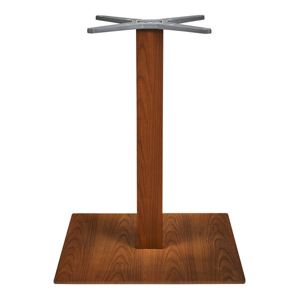 A wooden Perfect Tables square column table base with metal support.