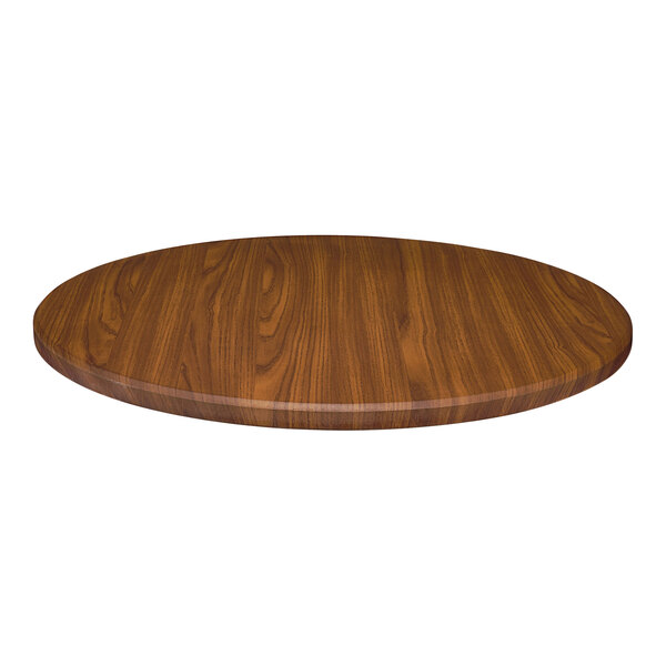A Perfect Tables indoor round light walnut woodgrain table top.