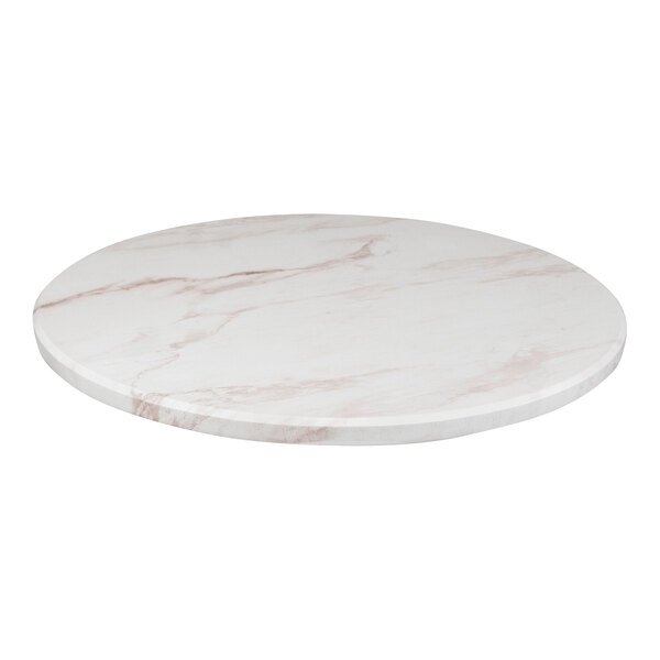 A Perfect Tables round marble table top with copper and pink veins.