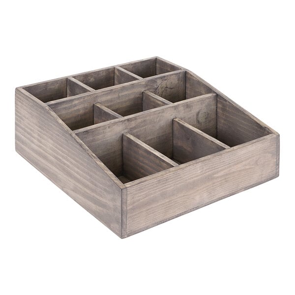 A Cal-Mil Aspen gray-washed pine wood organizer with nine compartments.
