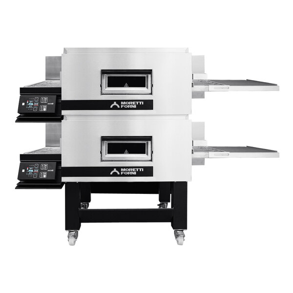 A Moretti Forni electric double stacked conveyor oven with two belts.