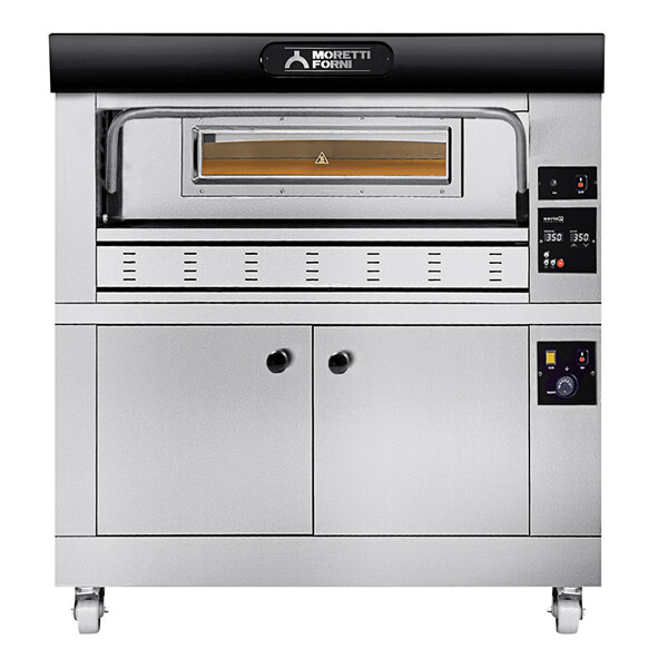 A large stainless steel Moretti Forni pizza oven with two doors and black handles.
