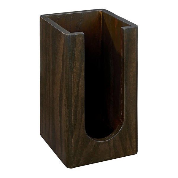 A dark-stained oak wood Cal-Mil countertop cup and lid organizer with a square shape and a hole.