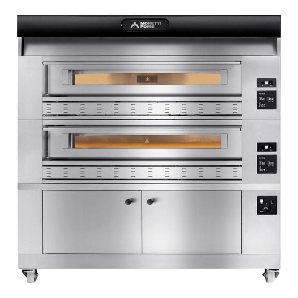 A large stainless steel Moretti Forni double deck oven with three doors.