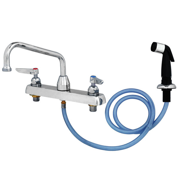 A T&S chrome deck-mounted faucet with a hose attached.