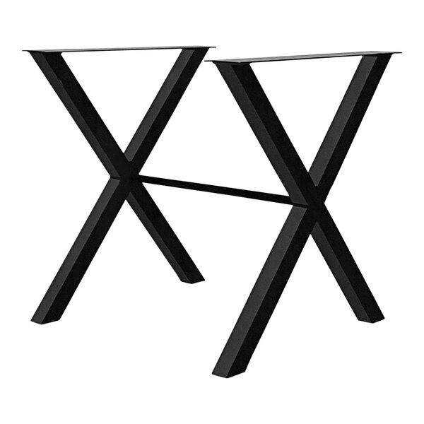 A black metal Perfect Tables bar height table base with x-shaped legs.