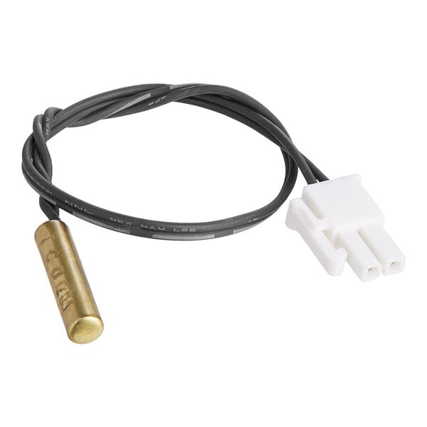 A Bunn thermistor probe with a black and white wire and a gold connector.