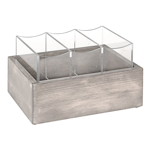 A Cal-Mil gray-washed pine wood box with clear glass containers inside.