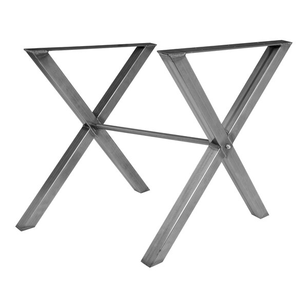 A metal x-shaped table base for a Perfect Tables outdoor table.