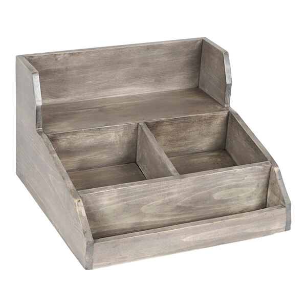A Cal-Mil gray-washed pine wood condiment organizer with three compartments.