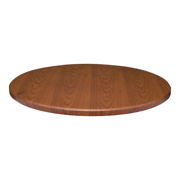 A close-up of a Perfect Tables 36" round cherry woodgrain table top.