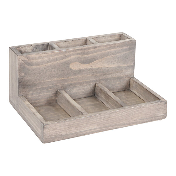 A Cal-Mil gray-washed pine wood box with six compartments.