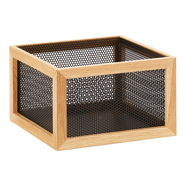 A Cal-Mil wooden display riser with black mesh inside.