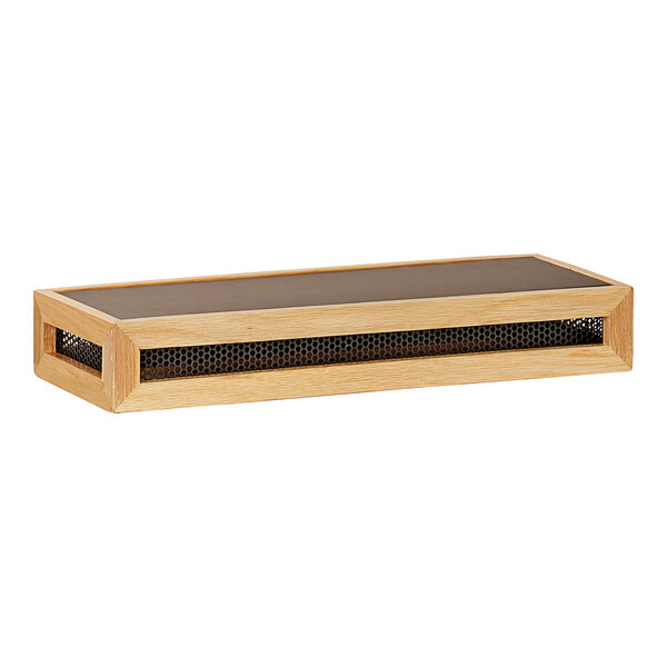 A wooden rectangular display riser with a black surface.
