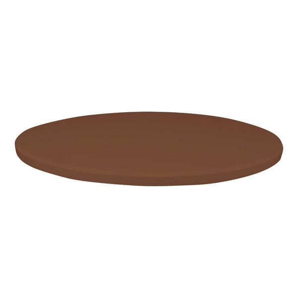 A brown circle Perfect Tables teak table top.
