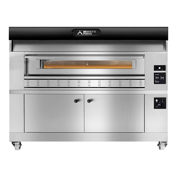 A large stainless steel Moretti Forni natural gas pizza deck oven with a black handle.