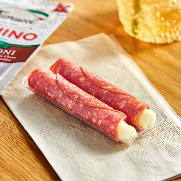A package of Fiorucci Foods Pepperoni & Mozzarella Paninos wrapped in plastic.