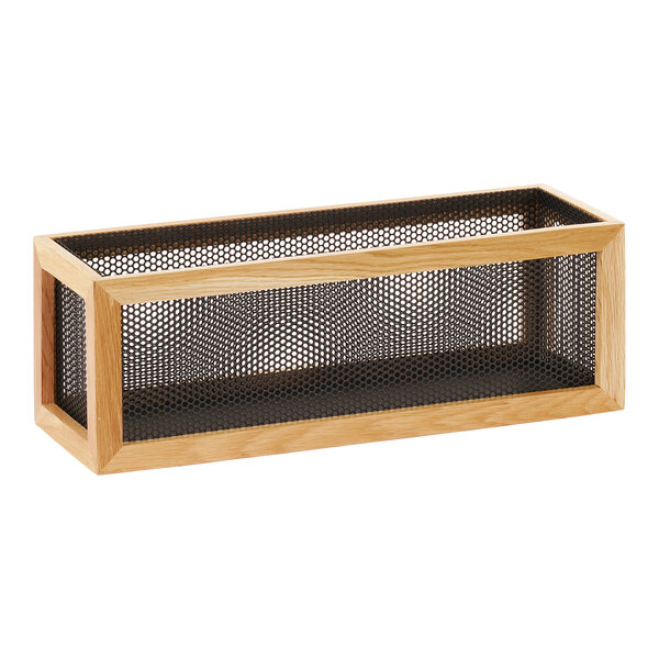 A Cal-Mil Camden oak wood display riser with a mesh front.