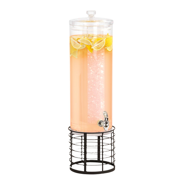 A Cal-Mil round drink dispenser with a black wire base and ice chamber filled with a drink.