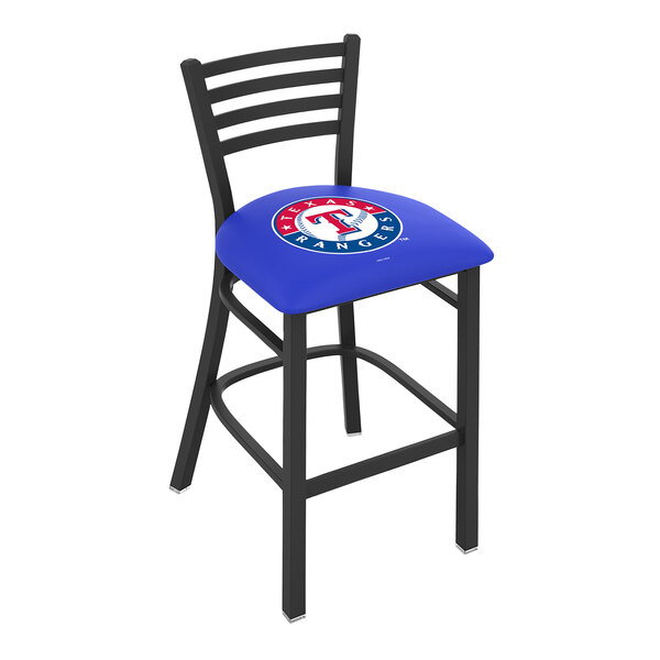 A Holland Bar Stool Texas Rangers bar stool with a blue padded seat and logo on the backrest.
